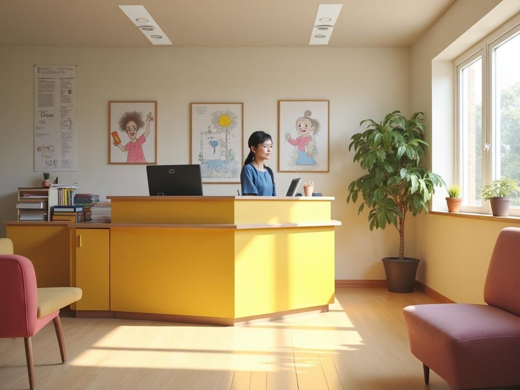 A teacher in a modern UK classroom using communication technology