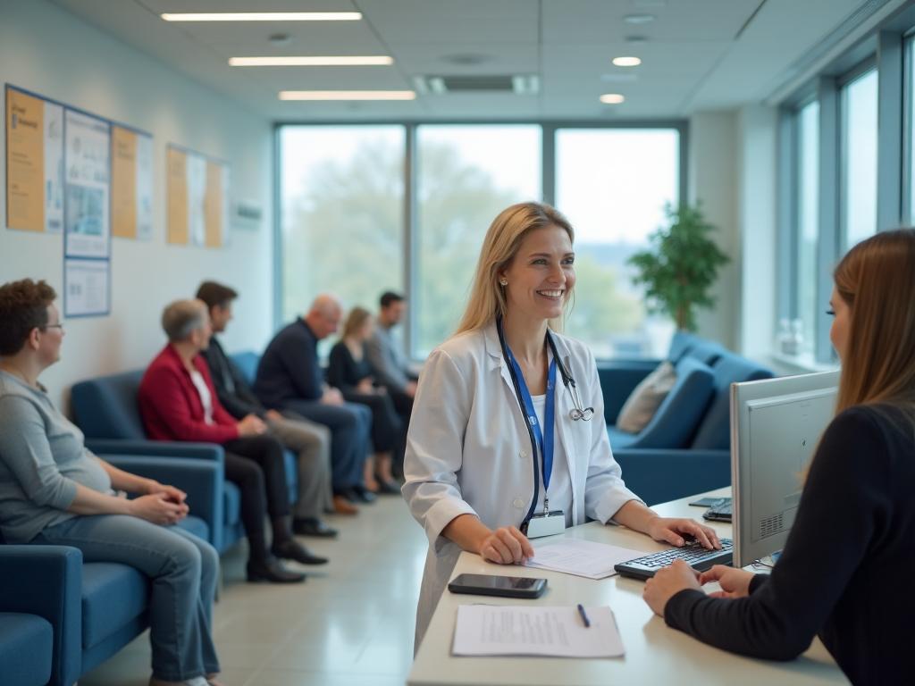 Healthcare receptionists at a GP surgery front desk