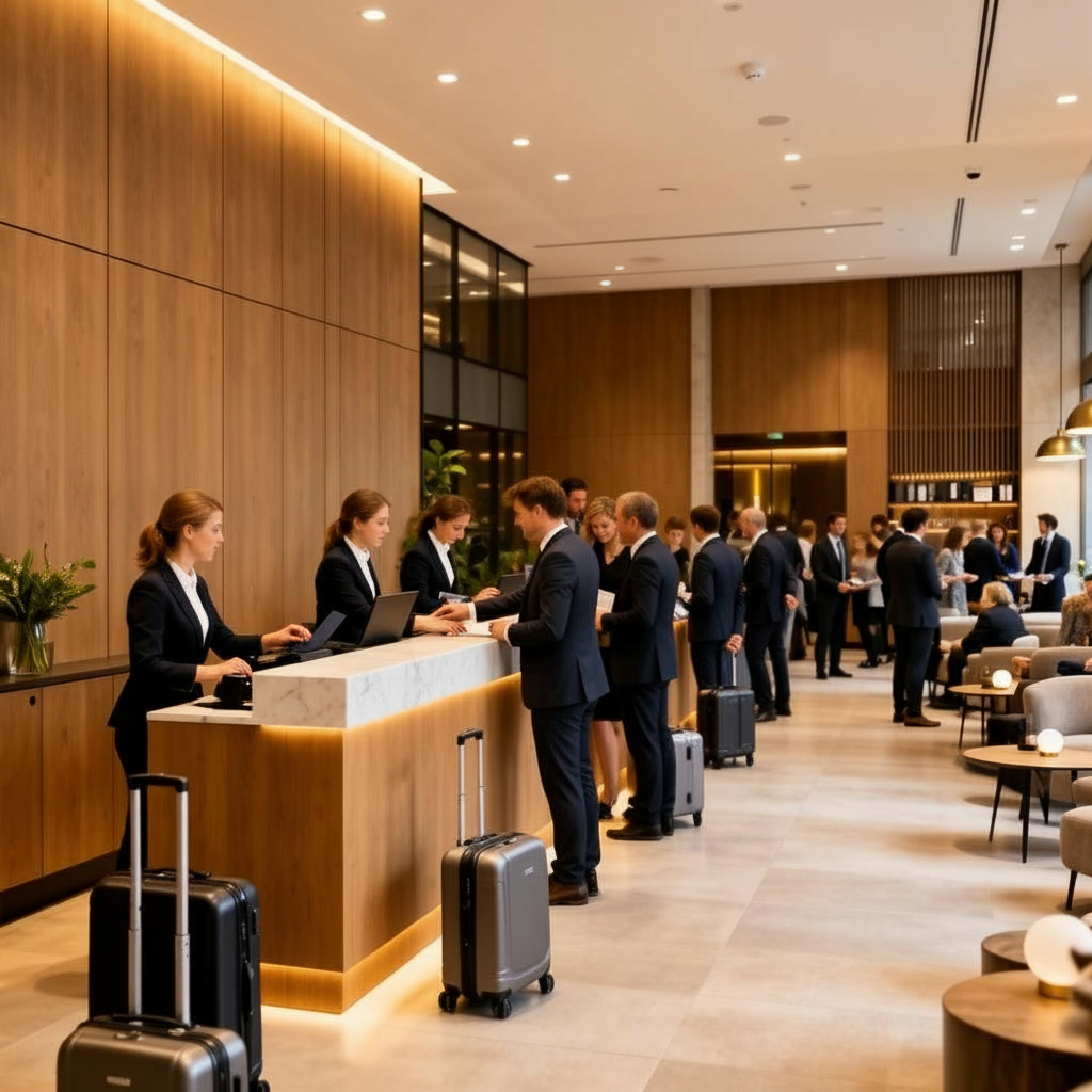 A smiling hotel front desk receptionist welcoming guests