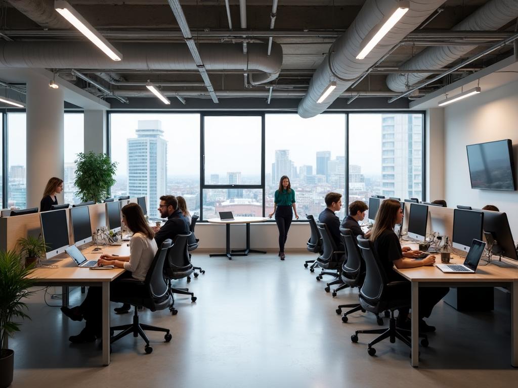 A bright modern coworking space with professionals at work