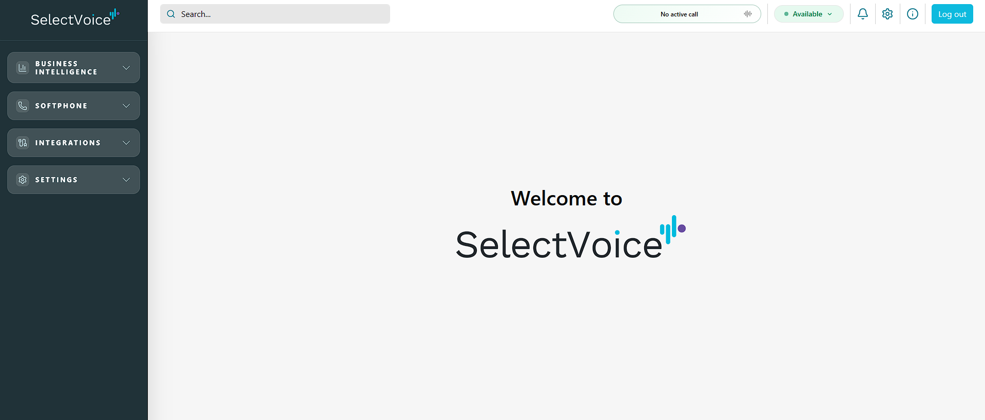 The SelectVoice web portal with Business Intelligence, Softphone, Integrations and Settings in the side menu
