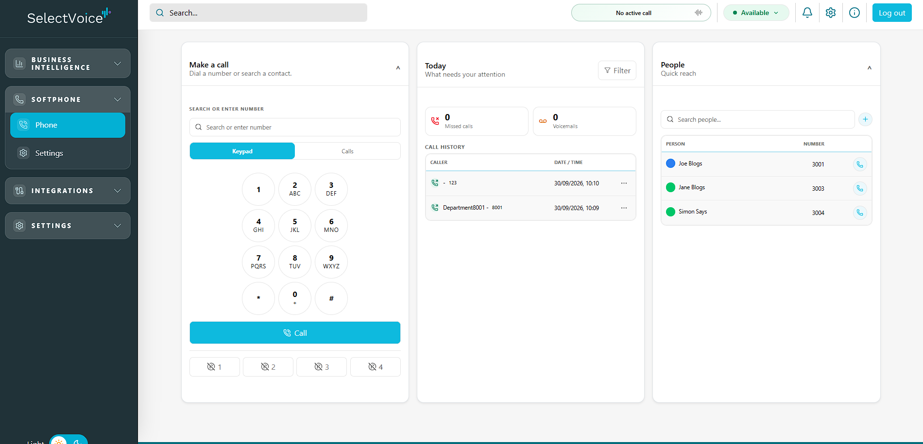 SelectVoice web softphone showing the dialler, today's missed calls and voicemails, call history and a colleague directory with availability