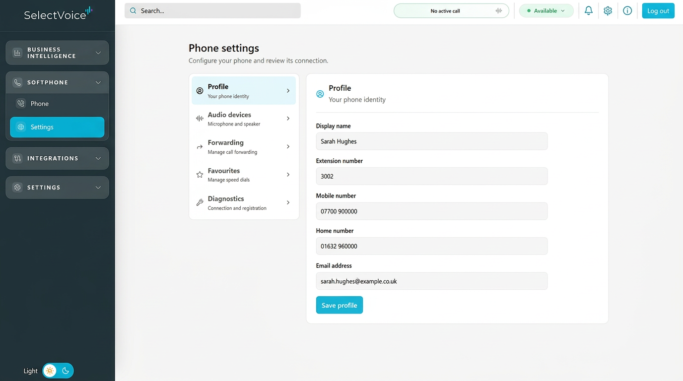 SelectVoice phone settings showing profile, audio devices, forwarding, favourites and diagnostics options