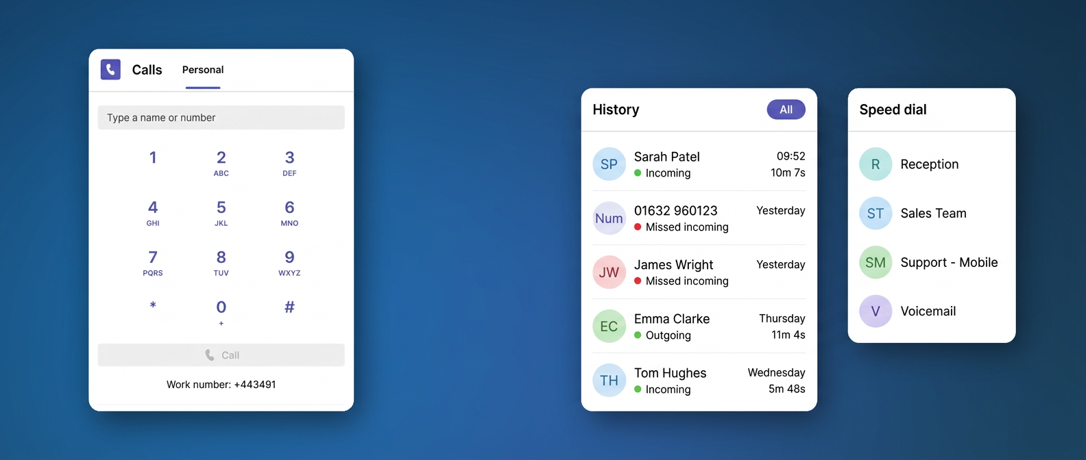Microsoft Teams Calls view with the dial pad, making calls over the SelectVoice cloud phone system