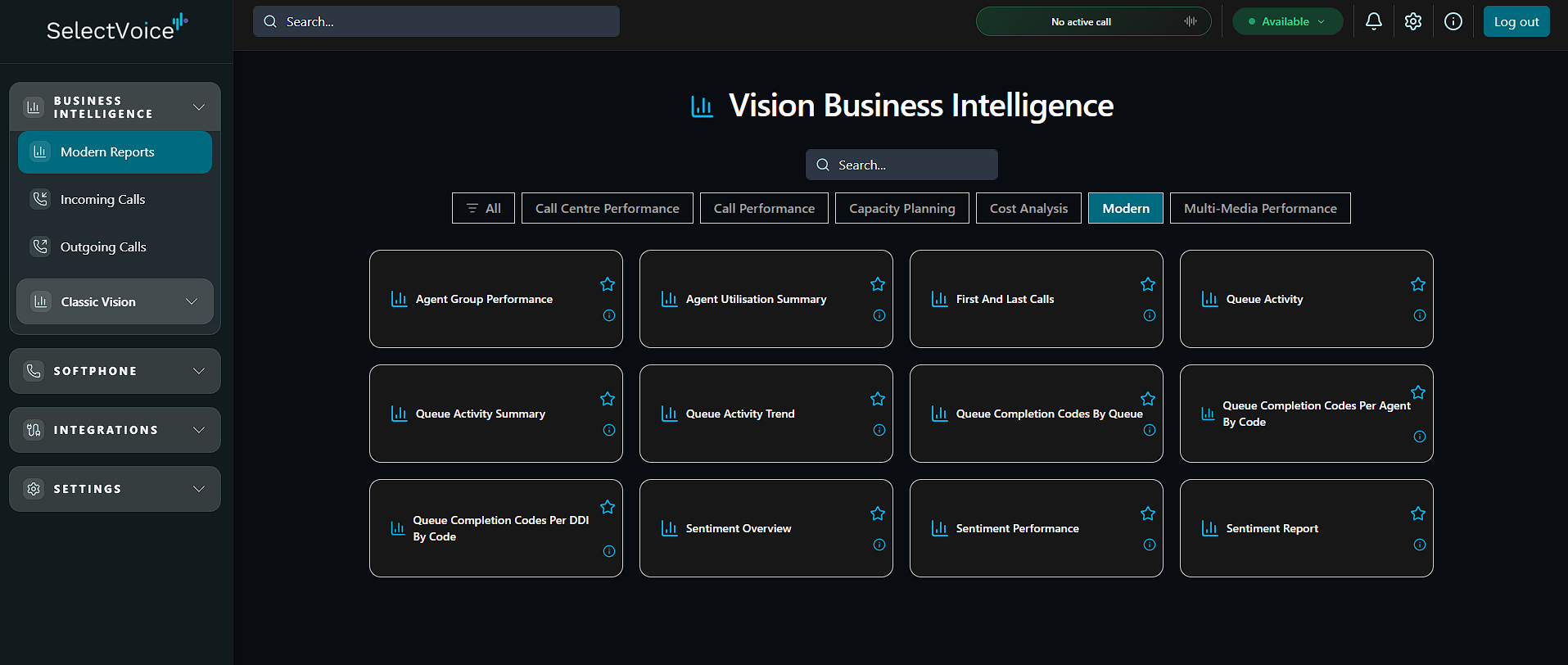 Vision Business Intelligence report library showing agent, queue and sentiment reports