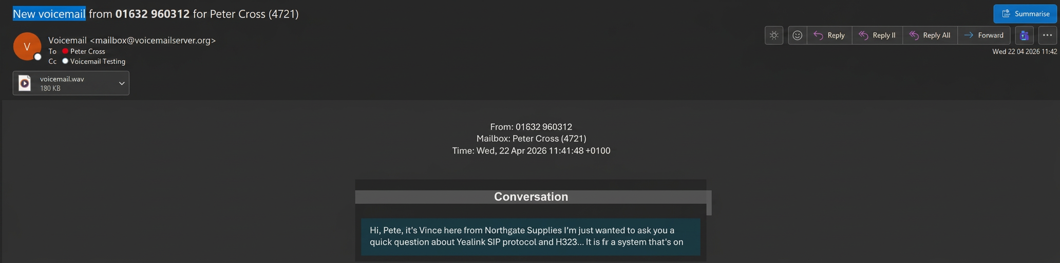 A voicemail email showing the audio attachment, the caller details, a written transcript of the message and a Summarise button