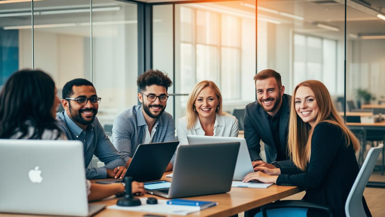 Team collaborating in a modern office with AI-powered phone system
